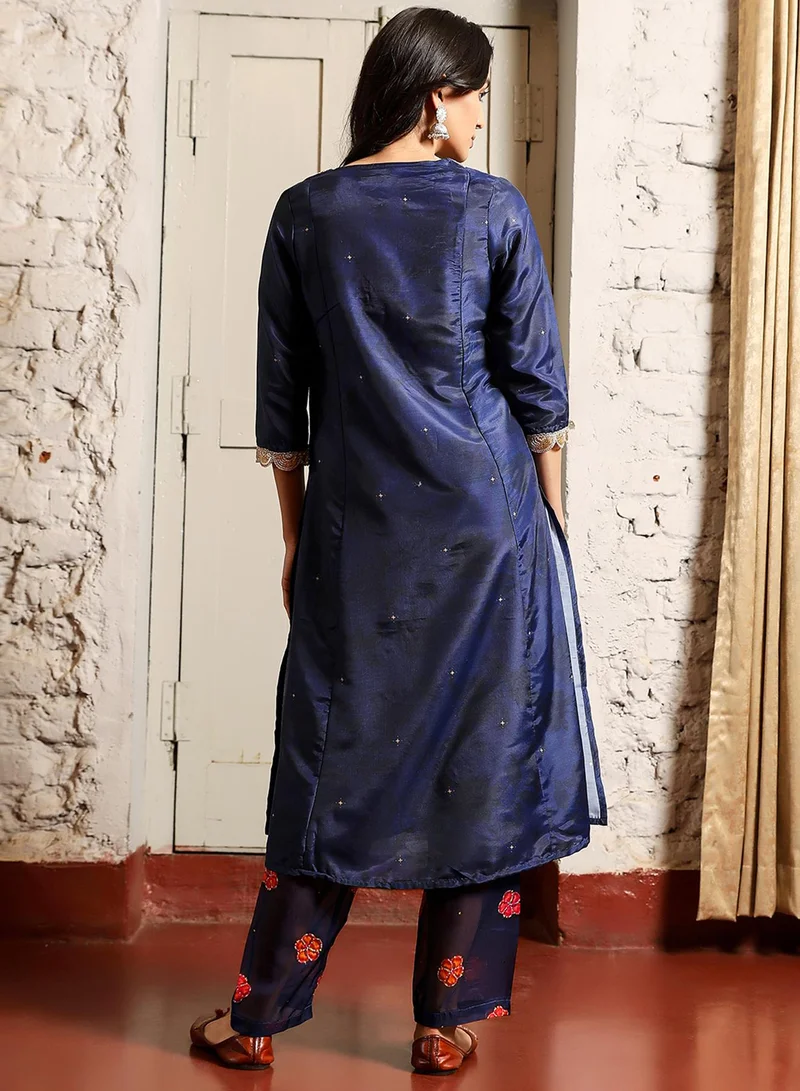 Qissa  Women's Navy Blue Botanical Block Kurta With Trousers & Dupatta For Casual Wear | V-Neck | Quarter Sleeve | 3 Piece Kurta Set Designed With Comfort Fit For Everyday Ethnic Wear for Women | Best Price UAE